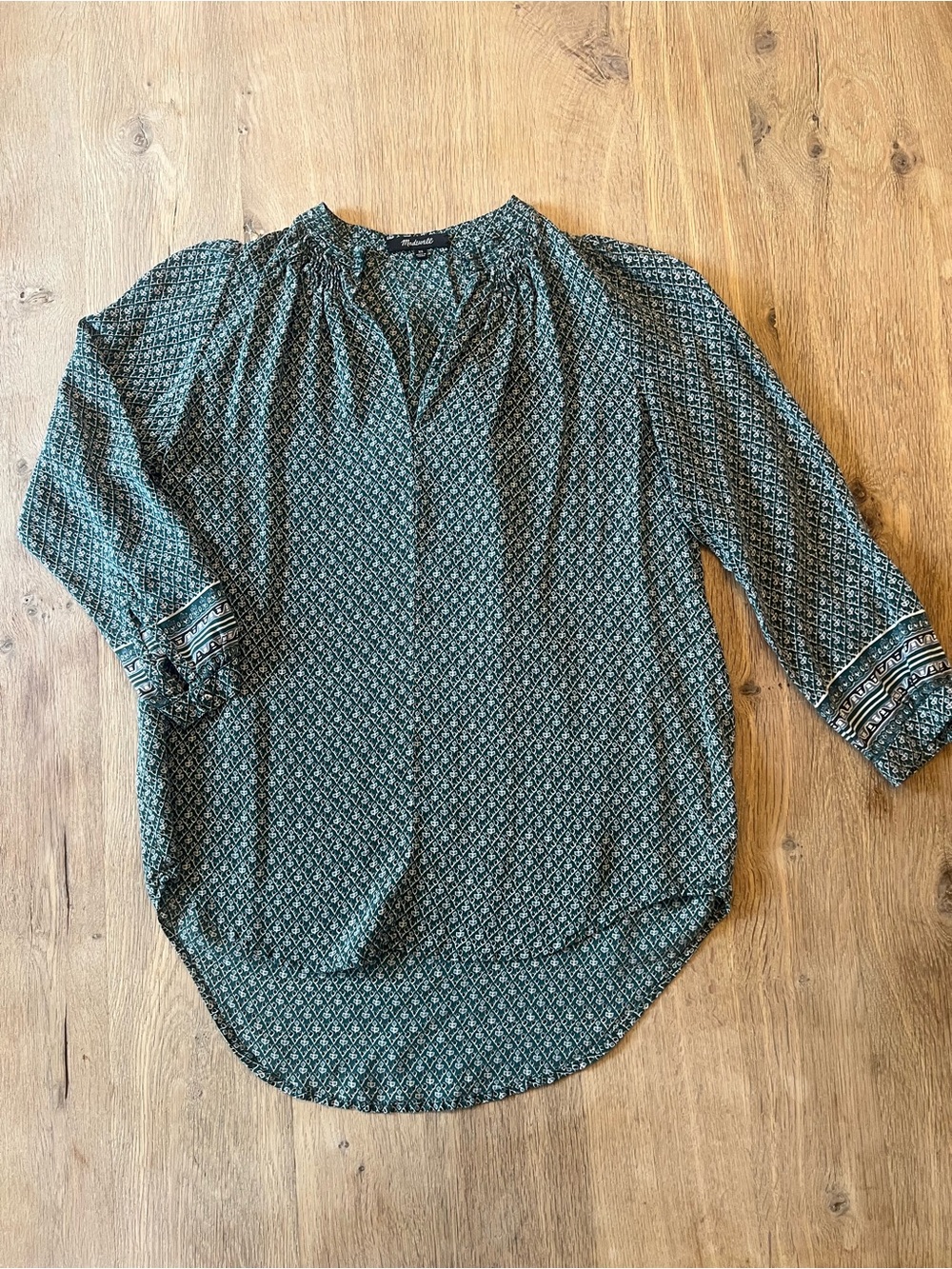 Madewell Silk Teal Geometric Short Sleeve Blouse